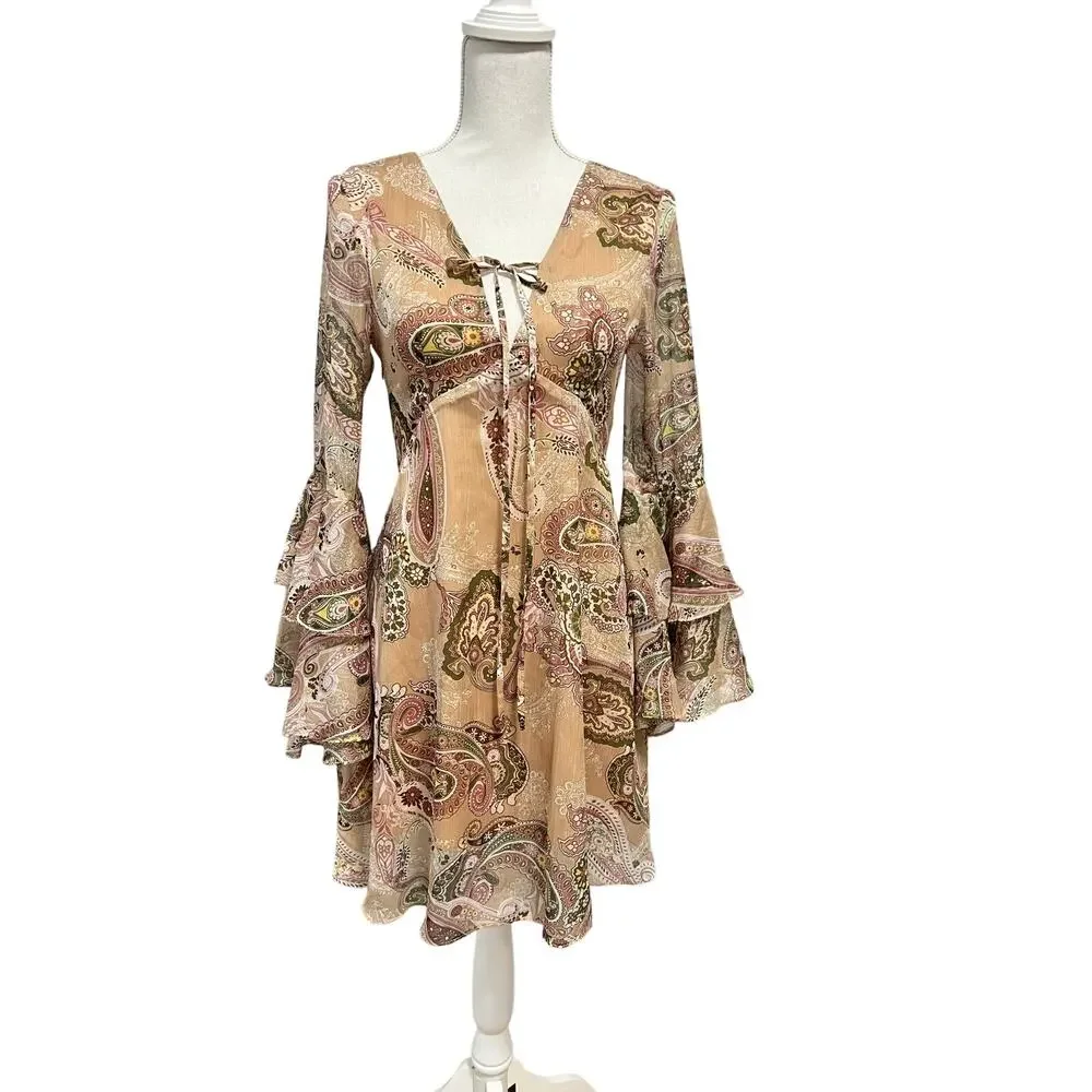 Avantlook Keyhole Back Dress Womens Small Beige Pink Fairy Flowy Wimsigoth Sheer